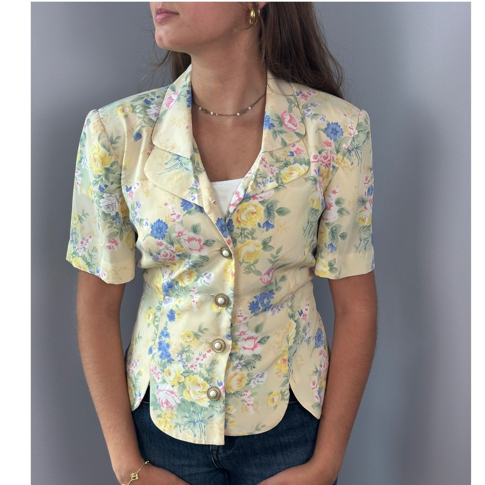 Yellow‎ Floral Print Short Sleeve Button Down Vintage Romantic Cottage 90s Top L